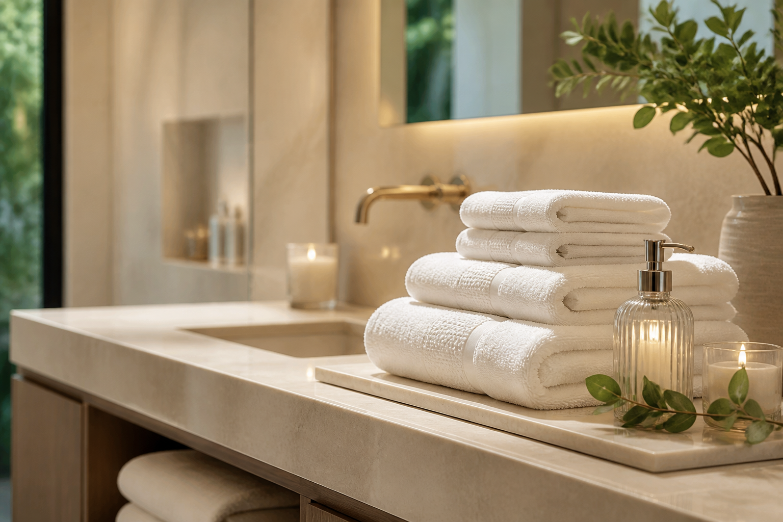 Folded white towels on a luxury bathroom counter after premium cleaning