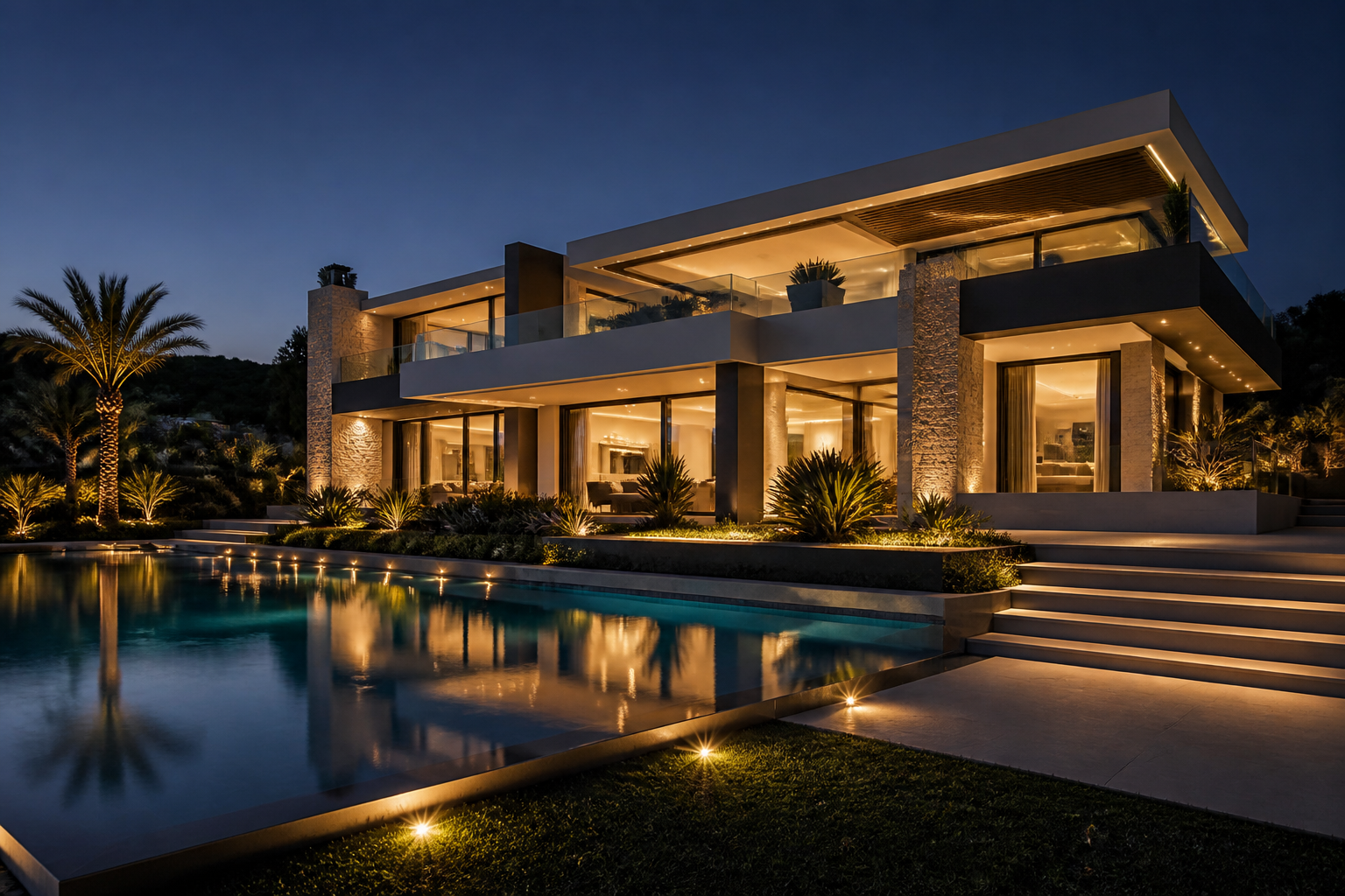 Modern luxury villa project in Marbella at blue hour