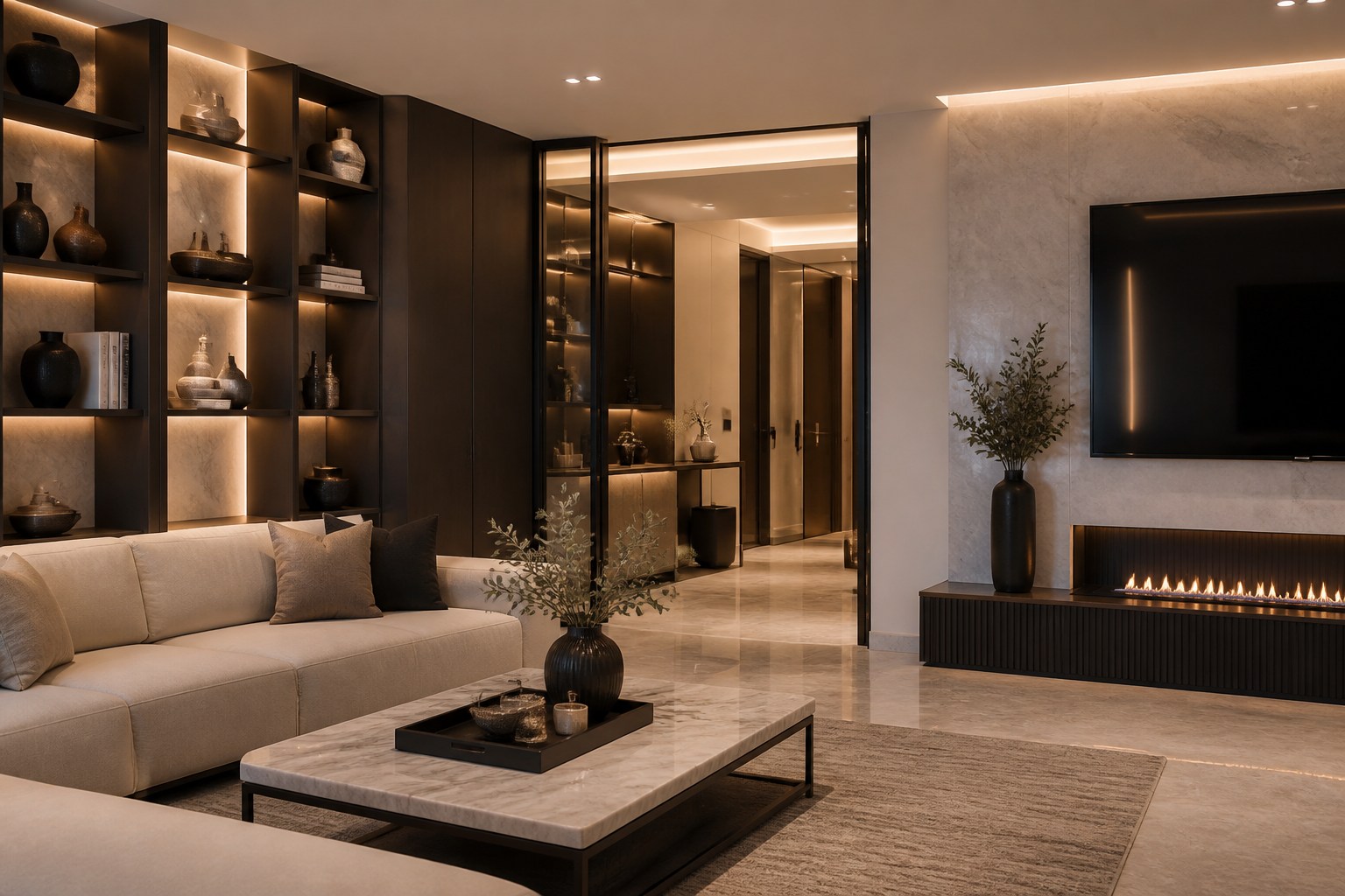 Luxury interior renovation project with warm lighting